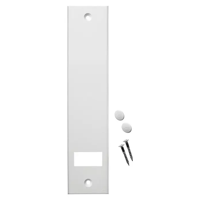 Schellenberg AbdeckplatteLochabstand: 215 mm, Gurtbreite: 23 mm - Nahaufnahme einer weißen Montageplatte mit Schrauben und Abdeckkappen, ideal für Elektroinstallationen und Heimwerkerprojekte.