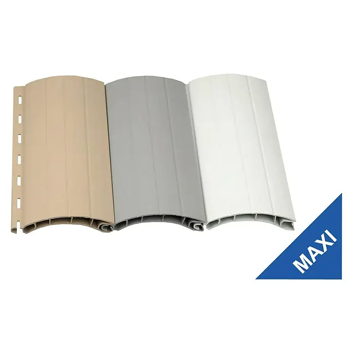 Schellenberg Rollladenprofil MaxiL x H: 150 x 5,2 cm, Geeignet für: Rollladen-Maxi-Systeme, Grau - Nahaufnahme von drei Rollladenlamellen in Beige, Grau und Weiß, die die hochwertige Verarbeitung und das "MAXI"-Design hervorheben.
