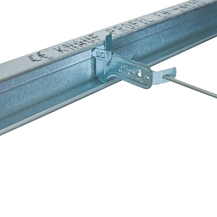 Knauf Draht mit Öse - 500 x 45 x 4 mm, 100 Stk. - Detailaufnahme einer Metallschiene mit Aufhängevorrichtung. Ideal zur Befestigung von abgehängten Decken.