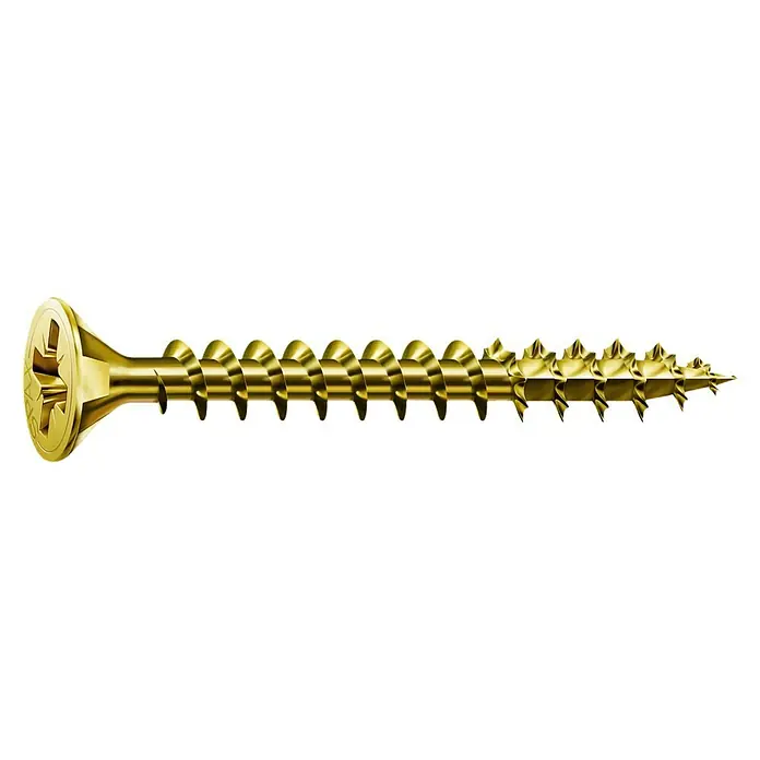 Spax Universalschraube5 x 45 mm, Vollgewinde, 75 Stk. - Nahaufnahme einer goldenen Holzschraube mit Kreuzschlitzkopf und scharfen Gewindegängen auf schwarzem Hintergrund.