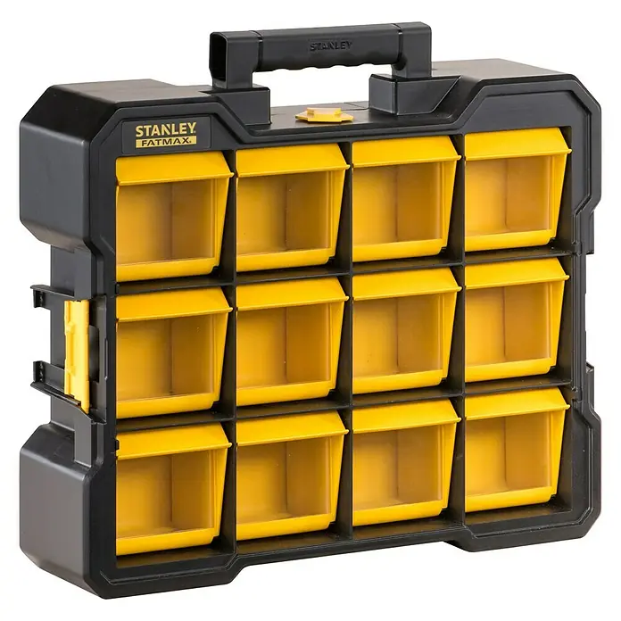Stanley FatMax Kleinteilekoffer Flip Binnnnnn - Anzahl Fächer: 12 Stk. - Stanley Fatmax Sortierkasten mit 12 Fächern, ideal zur Aufbewahrung von Kleinteilen in Werkstatt und Garage.