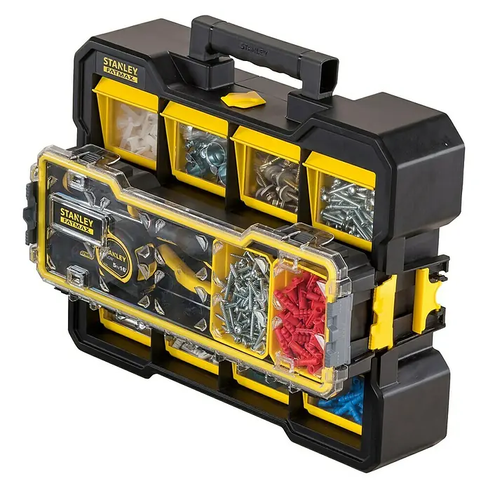 Stanley FatMax Kleinteilekoffer Flip Binnnnnn - Anzahl Fächer: 12 Stk. - Stanley Fatmax Organizer mit Fächern in Schwarz und Gelb, gefüllt mit Werkzeugen und Zubehör.