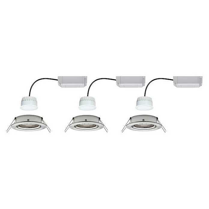 Paulmann Set de focos LED empotrables Nova Plus Regulables - Diámetro: 8,4 cm, Hierro cepillado, 6 W - Tres focos empotrables LED plateados con módulos LED blancos y drivers.