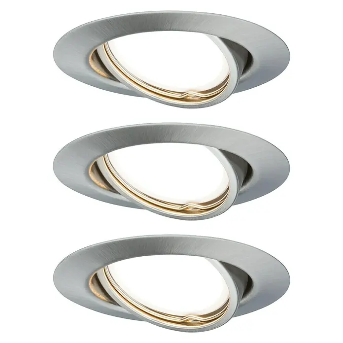 Paulmann LED-Einbauleuchten-Set Base - 5 W, Eisen gebürstet, 3 Stk., Warmweiß, Leuchtenkopf beweglich - Das Bild zeigt drei versenkte LED-Deckenstrahler mit gebürstetem Metallrahmen, die ein modernes und helles Ambiente schaffen.