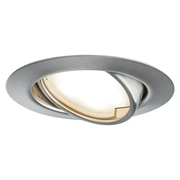 Paulmann LED-Einbauleuchte Base - 5 W, Silber, Warmweiß, Durchmesser: 51 mm - Aufnahme von einer silbernen, runden Deckenleuchte, die nach unten gerichtet ist und eine warme Lichtquelle ausstrahlt.