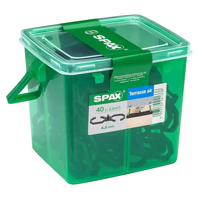 Spax Abstandhalter Air - 40 Stk., Stärke: 4,5 mm - Ein grüner Behälter mit SPAX-Terrassenschrauben, ideal für Holzterrassen. Inklusive Distanzhalter für optimale Belüftung.