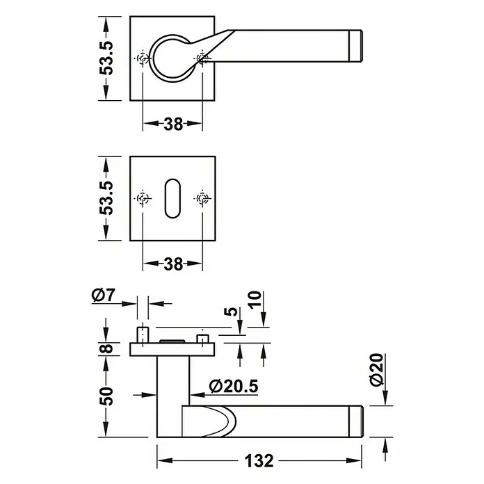 Häfele Zimmertürgarnitur Lola - B x H: 53,5 x 53,5 mm, Edelstahl - Produktansicht: Eine technische Zeichnung einer Türklinke mit Maßangaben, die die Abmessungen und Details des Designs hervorhebt.