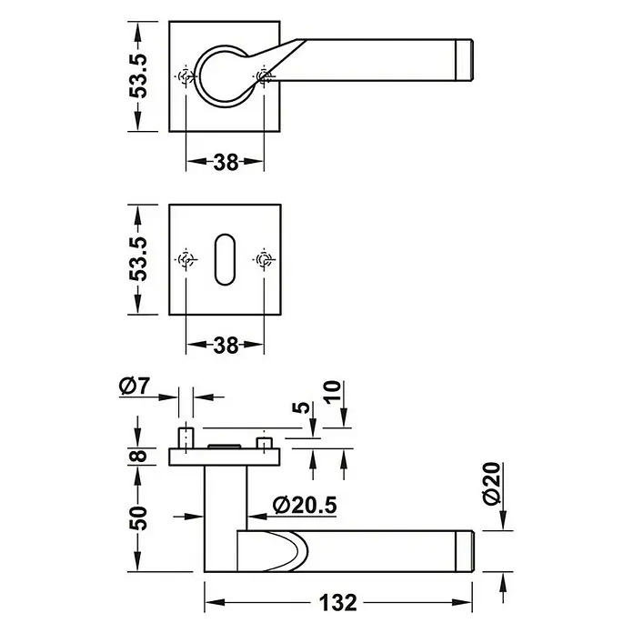 Häfele Zimmertürgarnitur Luzilla - B x H: 53,5 x 53,5 mm, Edelstahl - Technische Zeichnung eines Türgriffs mit genauen Maßangaben für Design und Installation.