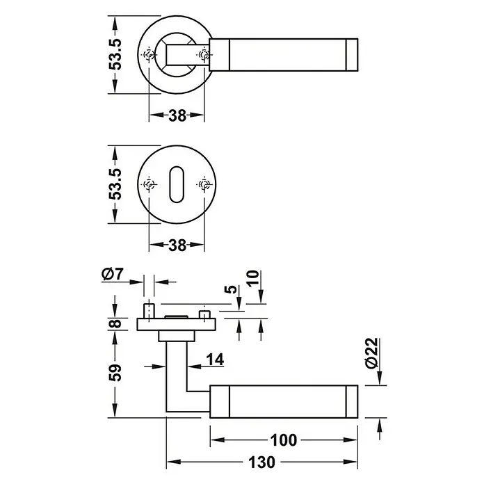Häfele WC-Drückergarnitur Vennia - Schlitzkopf/Olive, Edelstahl - Technische Zeichnung einer Türgarnitur mit Maßen. Ideal für Architekten und Handwerker.