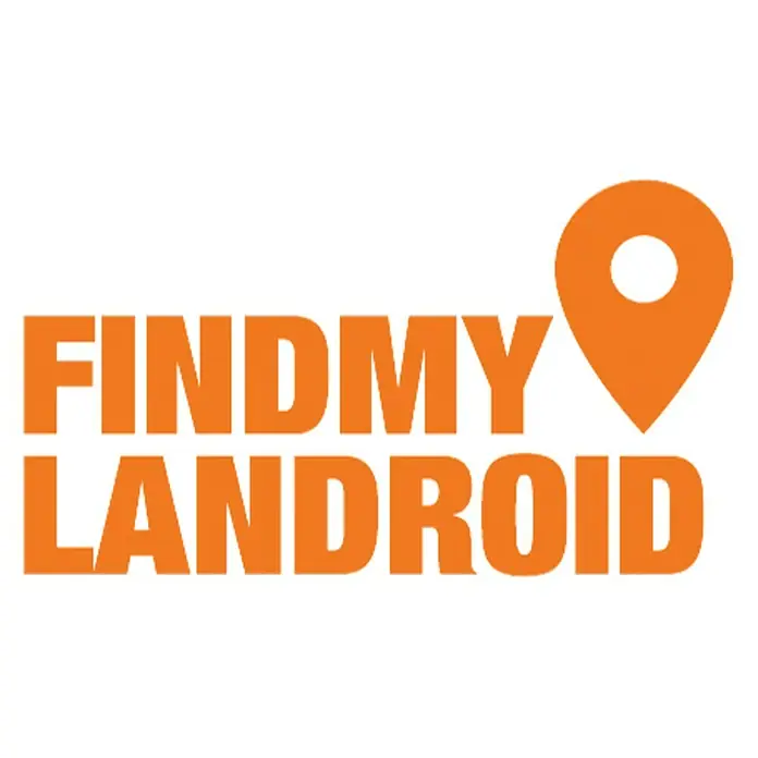 Worx Landroid Diebstahlsicherung für Mähroboter Find my Landroid - WORX Landroid Mähroboter - Orangefarbenes Logo von "FINDMY LANDROID" mit einem Ortsmarker, das auf eine App zur Landroid-Ortung hinweist.