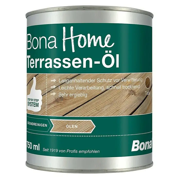 Bona Home Terrassen-Öl - Teak, 750 ml - Dose Bona Home Terrassen-Öl, Teakfarben, für langanhaltenden Schutz und einfache Verarbeitung, empfohlen von Profis seit 1919.