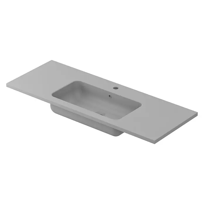 Lavabo Zeppelin mate - 120,5 x 45,5 cm, Orificios para grifo: Medio, Con desbordamiento, Gris - Imagen de un moderno lavabo gris con encimera integrada, ideal para un diseño de baño elegante y contemporáneo. Su diseño es limpio.