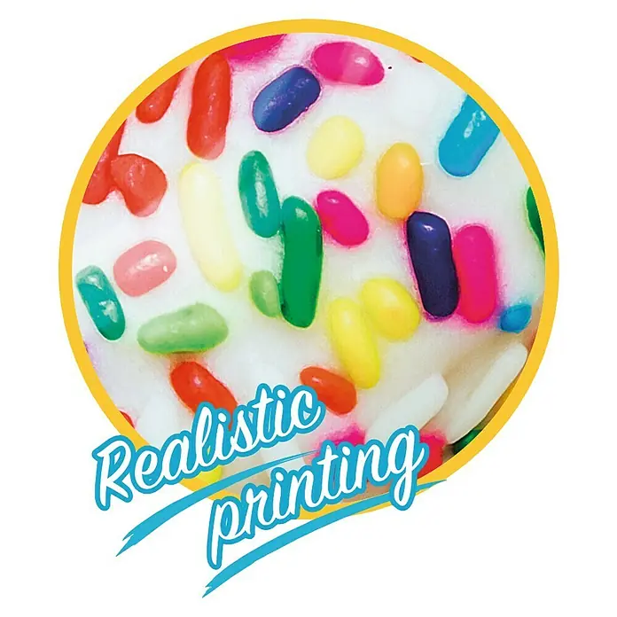 Intex Aro flotador Donut - Plástico, Multicolor - Primer plano de una tarta con chispas de colores, enmarcada por un círculo amarillo, con el texto "Impresión realista".