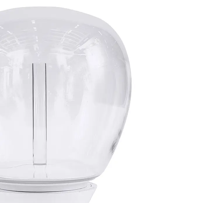 Artemide LED-Tischleuchte Empatia 36 - 26 W, Weiß, Warmweiß, Höhe: 38,2 cm - Nahaufnahme eines transparenten Lampenschirms mit einem Stab in der Mitte, der ein modernes und minimalistisches Design zeigt.