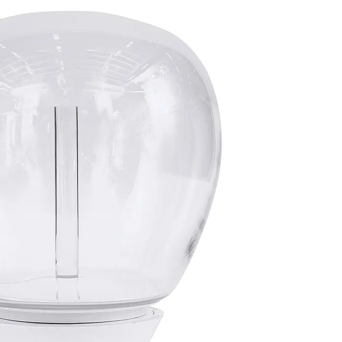 Artemide LED-Tischleuchte Empatia 36 - 26 W, Weiß, Warmweiß, Höhe: 38,2 cm - Nahaufnahme eines transparenten Lampenschirms mit einem Stab in der Mitte, der ein modernes und minimalistisches Design zeigt.