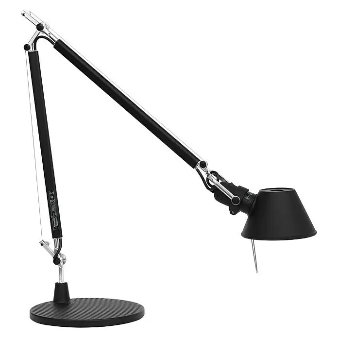 Artemide Tischleuchte Tolomeo - 77 W, Schwarz, Silber, Schwarz, E27 - Verstellbare schwarze Schreibtischlampe mit konischem Schirm, Metallarmen und rundem, geripptem Fuß.