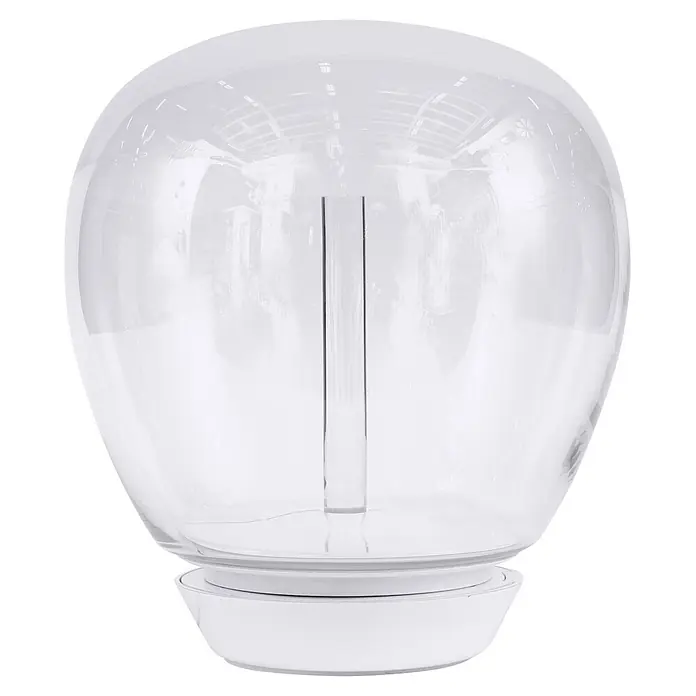 Artemide LED-Tischleuchte Empatia 26 - 20 W, Weiß, Warmweiß, Höhe: 29 cm - Ein Nahaufnahme einer transparenten Kuppel auf einem weißen Sockel. Das elegante Design macht es zu einem idealen Deko-Objekt.