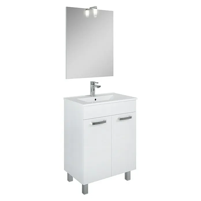 Riva Conjunto de mueble de baño Square - Blanco, 3 pzs. - Mueble de baño blanco con dos puertas, lavabo, grifo y espejo con iluminación para un baño moderno.