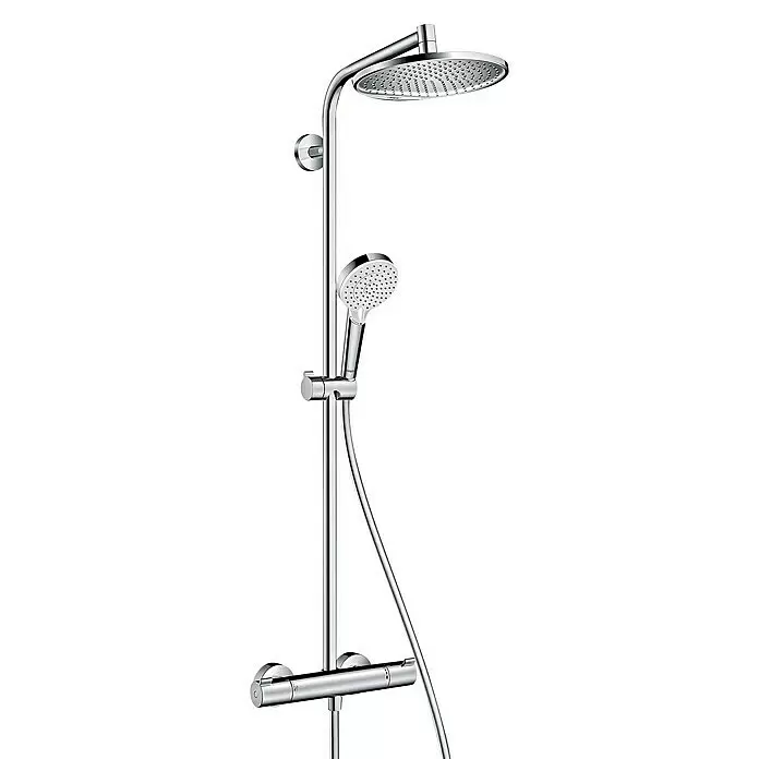 Hansgrohe Crometta Sistema de ducha Showerpipe S 240 Vario - Con grifería termostática, Distancia entre orificios: 103,4 cm, Número de tipos de chorro: 2 ud., Cromo - Sistema de ducha cromado con ducha fija y de mano, y un mezclador termostático.
