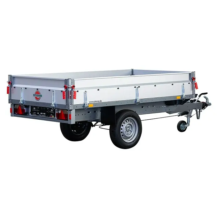 Stema Anhänger BASIC SH 1000-25-13.1 - Nutzlast: 764 kg, Einachser, Kasteninnenmaß: 251 x 128 x 35 cm, Gebremst - Ein hochauflösendes Bild eines Stema Anhängers, der für den Transport von Gütern konzipiert ist. Solide Bauweise für zuverlässigen Einsatz.