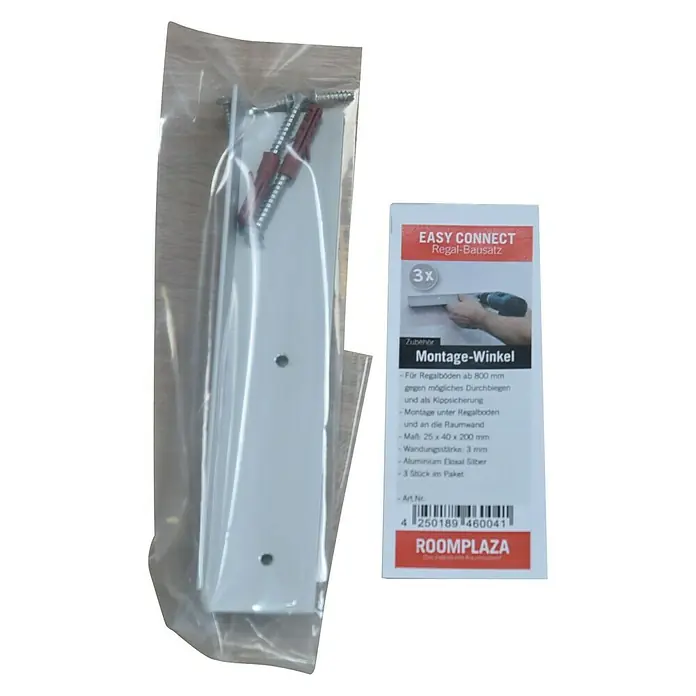 Easy Connect Montagewinkel - Passend für: Easy Connect Regalsystem, 3 Stk. - Produktaufnahme von einem Easy Connect Regal-Bausatz, bestehend aus drei silbernen Aluminium Montage-Winkeln und Schrauben in einer transparenten Verpackung.