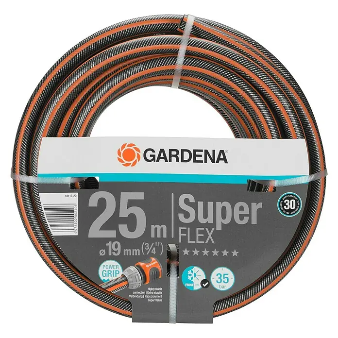 Gardena Schlauch Premium SuperFlex - Länge: 25 m, Schlauchdurchmesser: 19 mm - Eine 25m lange Gardena Superflex Gartenschlauchrolle mit einem Durchmesser von 19 mm, frostsicher und mit 30 Jahren Garantie.