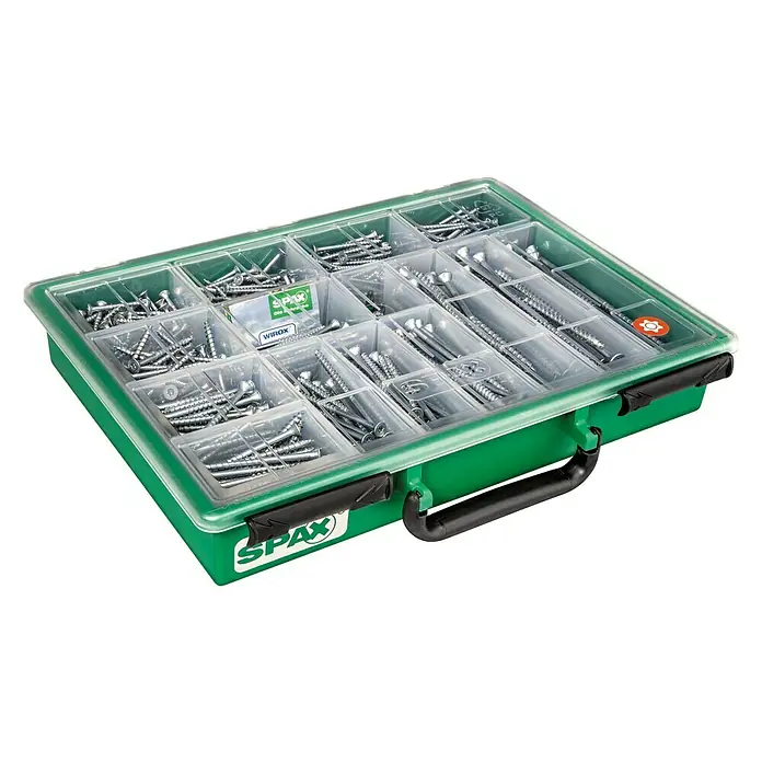 Spax T-Star plus Surtido de tornillos multiuso - 387 pzs. - Caja de surtido Spax verde con varios tornillos en compartimentos individuales, ideal para aficionados al bricolaje y profesionales.