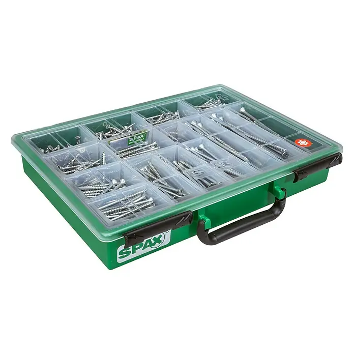 Spax T-Star plus Surtido de tornillos multiuso - 387 pzs. - Una caja de tornillos Spax verde con varios tipos y tamaños de tornillos, perfecta para profesionales y aficionados al bricolaje para un almacenamiento organizado.