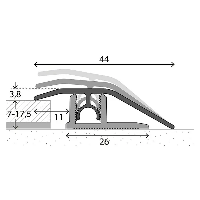 LOGOCLIC Anpassprofil 307 - Edelstahl matt, 0,9 m x 44 mm, Montageart: Stecken - Detailansicht eines Übergangsprofils mit Maßen. Das Profil ist für Bodenhöhen von 7-17,5 mm geeignet und hat eine Breite von 44 mm.