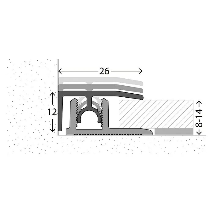 LOGOCLIC Abschlussprofil 313 - Silber, 0,9 m x 26 mm, Montageart: Stecken - Detailansicht eines Bodenprofils mit Maßen. Das Profil ist für Bodenbeläge unterschiedlicher Höhen geeignet.