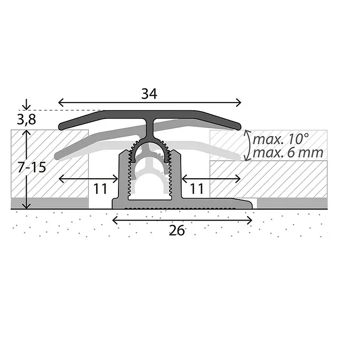 LOGOCLIC Übergangsprofil 303 - Silber, 0,9 m x 34 mm, Montageart: Stecken - Technische Zeichnung eines Übergangsprofils mit Maßen, das zur Verbindung von Bodenbelägen verwendet wird.