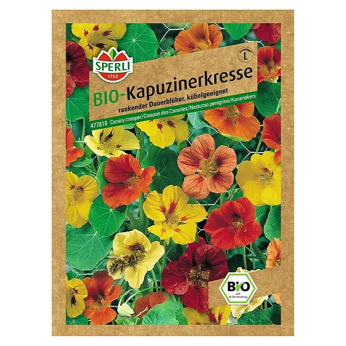 Sperli Kräutersamen Kapuzinerkresse - Bio, Tropaeolum majus, Saatzeit: Mai - Samentüte Bio-Kapuzinerkresse von Sperli, ideal für rankende Dauerblüher im Kübel. Vielfältige, farbenfrohe Blüten zieren diese Kresse.