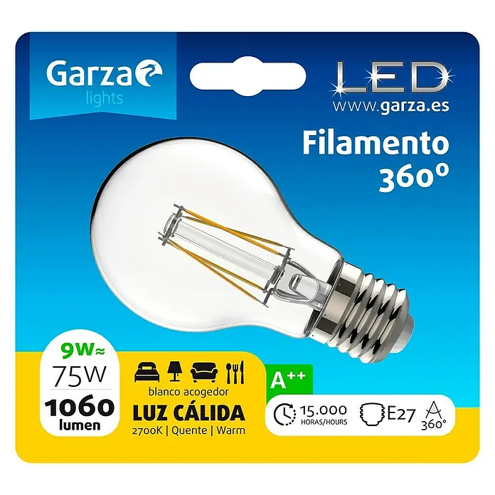 Garza Bombilla LED Filamento - E27, No regulable, Blanco cálido, 1.060 lm, 9 W - Imagen de una bombilla de filamento LED de 9W de Garza Lights, equivalente a 75W, que ofrece 1060 lúmenes. Luz cálida (2700K), base E27.