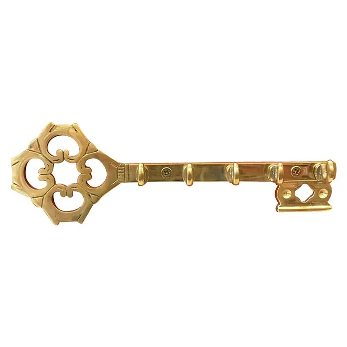 Häfele Colgador para llaves - L x An x Al: 235 x 110 x 7 mm, Latón - Colgador de pared con forma de llave dorada y ganchos, ideal para chaquetas, sombreros o llaves. Un añadido decorativo y funcional para cualquier habitación.