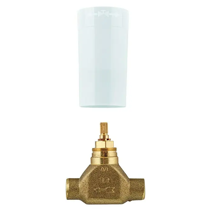 Grohe Unterputzventil-Unterteil - ½″, Lötanschluss, 15 mm - Nahaufnahme eines thermostatischen Mischventils mit Abdeckung, das robuste Messingkomponenten und präzise Technik zeigt.