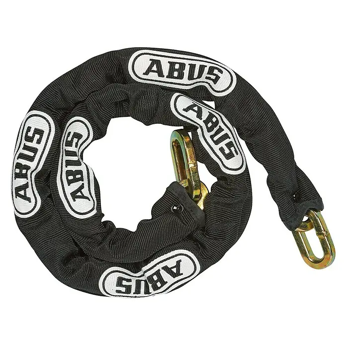 Abus Kettenschloss UV Chain 0304 - Länge: 110 cm, Stärke: 8 mm - Nahaufnahme eines ABUS-Kettenschlosses mit Textilummantelung und zwei gelben Schäkeln, das für Sicherheit sorgt.