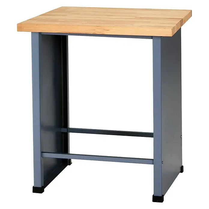 Küpper Profi Modul System Basismodul klein - L x B: 70 x 73 cm, Arbeitshöhe: 89 cm, Hammerschlag-Silber - Ein robuster Werkstatttisch mit einer hellen Holzplatte und einem stabilen, grauen Metallgestell für verschiedenste Arbeiten.