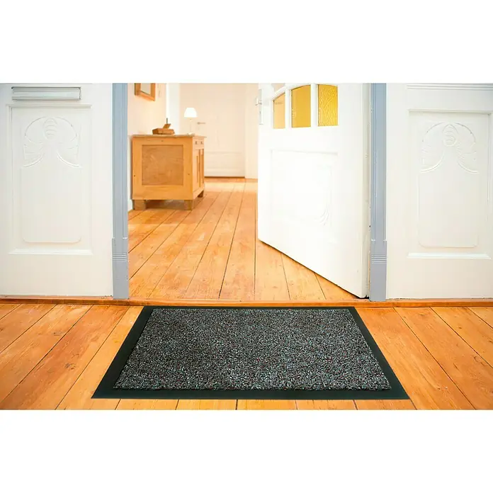 Felpudo Saphir - Colores surtidos, 90 x 60 cm - Felpudo en el pasillo frente a una puerta abierta. El felpudo es gris con un borde negro y está sobre un suelo de madera.