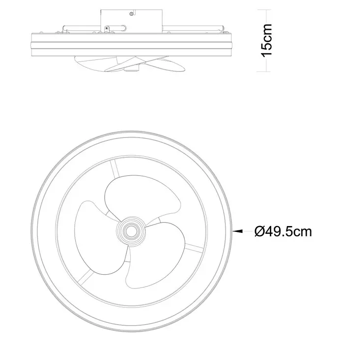 Deckenventilator mit LED-Beleuchtung - Schwarz, 49,5 cm, 50 W - Darstellung eines Deckenventilators mit Maßen. Der Ventilator ist kreisförmig und hat drei Flügel. Die Höhe beträgt 15 cm, der Durchmesser 49,5 cm.