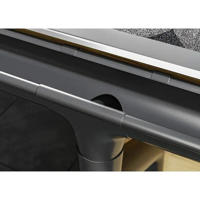Marley Dachrinnen-Set - Nennweite: 75 mm, Passend für: Gartenhäuser Seitenlänge bis 3 m, Anthrazit-Metallic, Kunststoff - Nahaufnahme einer grauen Dachrinne, die Regenwasser ableitet und das Haus vor Wasserschäden schützt.