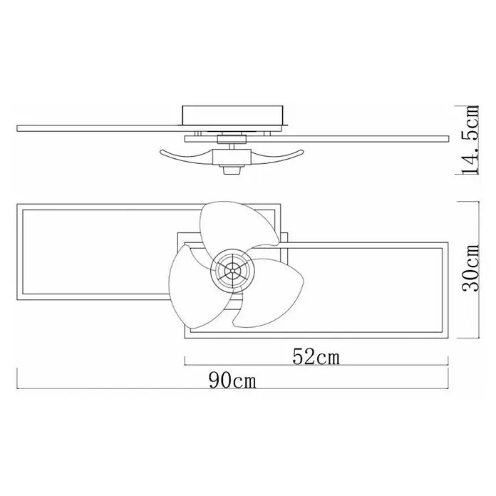 Deckenventilator mit LED-Beleuchtung Castelo - Schwarz, 55 W - Illustration eines modernen Deckenventilators mit rechteckigen Leuchten und Maßen. Die Höhe beträgt 14,5 cm und die Gesamtlänge 90 cm.
