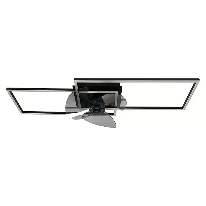 Deckenventilator mit LED-Beleuchtung Castelo - Schwarz, 55 W - Moderner schwarz-silberner Deckenventilator mit transparenten Flügeln und integrierten rechteckigen LED-Leuchten.