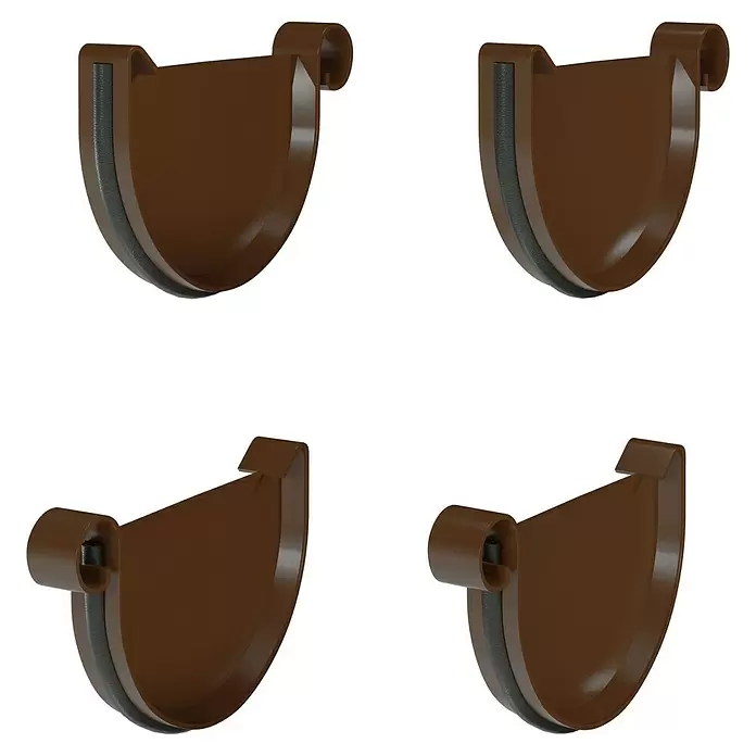 Marley Dachrinnen-Set mit Verstellwinkeln - Nennweite: 100 mm, Passend für: Gartenhäuser Seitenlänge bis 4 m, Braun, Kunststoff - Vier braune Kunststoff-Dachrinnenendstücke mit schwarzer Dichtung.