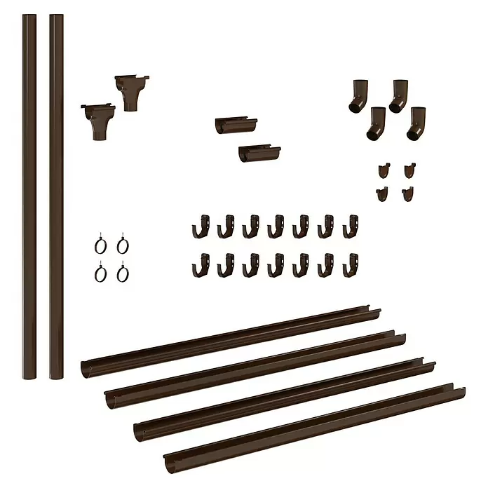 Marley Dachrinnen-Set - Nennweite: 75 mm, Passend für: Gartenhäuser Seitenlänge bis 3 m, Braun, Kunststoff - Verschiedene braune Dachrinnensystem-Komponenten, darunter Rinnen, Fallrohre und Formstücke.