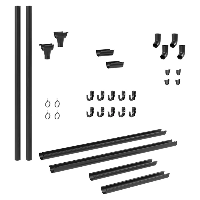 Marley Dachrinnen-Set - Nennweite: 75 mm, Passend für: Gartenhäuser Seitenlänge bis 3 m, Anthrazit-Metallic, Kunststoff - Sortiment dunkelgrauer Regenrinnen-Komponenten: Rohre, Rinnen, Bögen, Abläufe und Montagehalterungen.