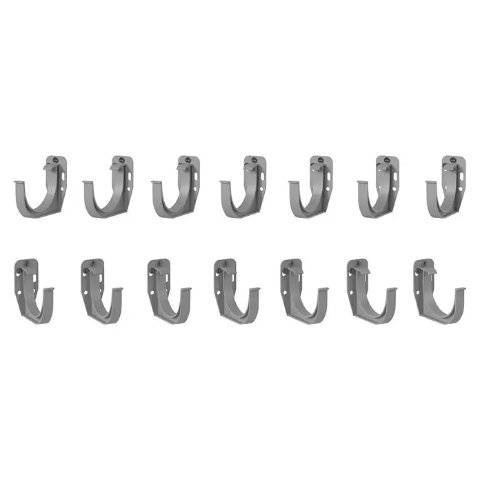 Marley Dachrinnen-Set - Nennweite: 75 mm, Passend für: Gartenhäuser Seitenlänge bis 4 m, Grau, Kunststoff - Mehrere graue Kunststoff-Dachrinnenhalterungen mit Montageplatten und Schrauben.