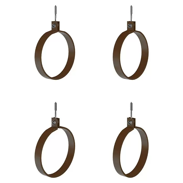 Marley Dachrinnen-Set mit Verstellwinkeln - Nennweite: 100 mm, Passend für: Gartenhäuser Seitenlänge bis 4 m, Braun, Kunststoff - Vier braune Metall-Rohrschellen mit integrierten Befestigungsschrauben.