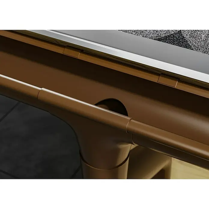 Marley Dachrinnen-Set - Nennweite: 75 mm, Passend für: Gartenhäuser Seitenlänge bis 3 m, Braun, Kunststoff - Nahaufnahme einer braunen Dachrinne, die Regenwasser ableitet. Funktionale und langlebige Entwässerungslösung für Ihr Haus.