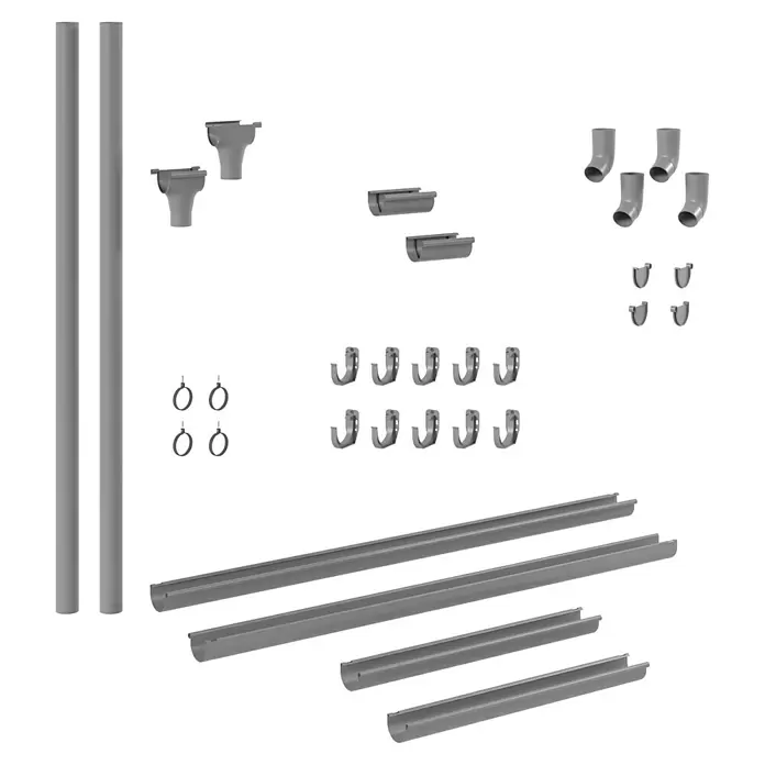 Marley Dachrinnen-Set - Nennweite: 75 mm, Passend für: Gartenhäuser Seitenlänge bis 3 m, Grau, Kunststoff - Verschiedene graue PVC-Bauteile für ein Regenrinnensystem, darunter Rohre, Rinnen, Verbinder, Bögen und Halterungen.