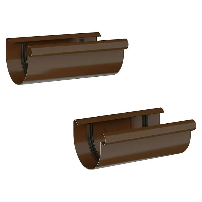 Marley Dachrinnen-Set mit Verstellwinkeln - Nennweite: 100 mm, Passend für: Gartenhäuser Seitenlänge bis 4 m, Braun, Kunststoff - Zwei braune Regenrinnenabschnitte mit sichtbaren Innendichtungen, für die Dachentwässerung.